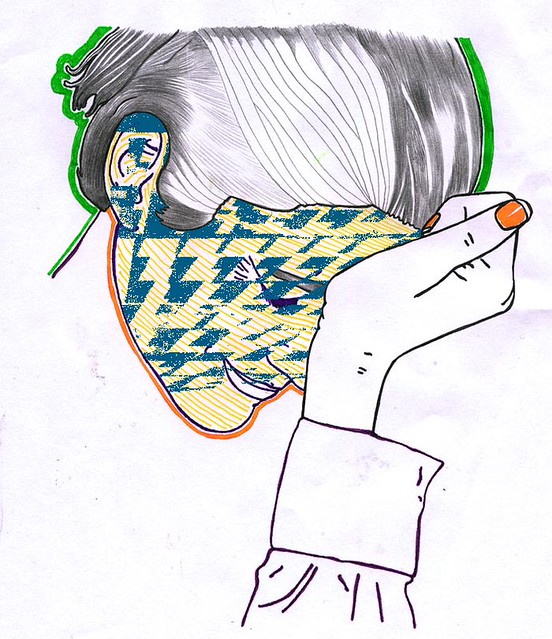 Illustrated profile of a person turning away, with the face obscured by a blue and yellow geometric pattern