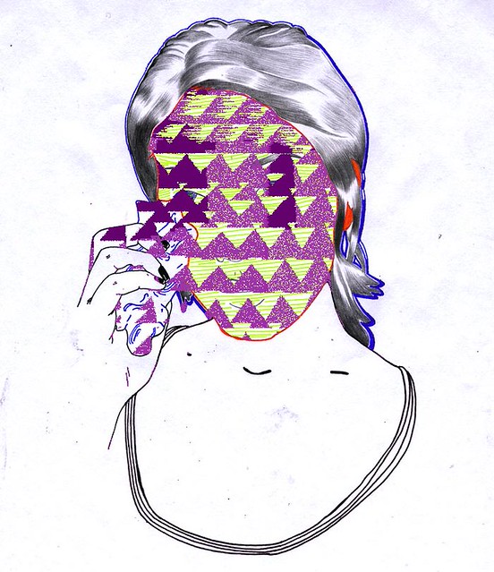 Illustrated portrait with the face obscured by a repeating purple, green, and black geometric pattern